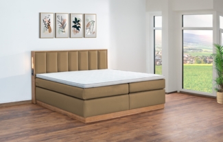 Meisterbetten Boxspringbett Sely mit Holzdekor Eiche Cognac 140x220 in LM-Olive, Matratzenbezug Nano, Midisoft-Topper