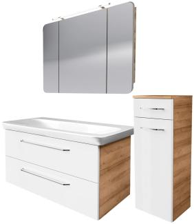 FACKELMANN MILANO Badmöbel Set 4-teilig, 107 cm breit, Braun hell/Weiß, Waschbecken Keramik+Spiegelschrank+Midischrank