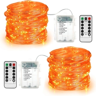 Orangefarbene Halloween-Lichterkette, 2 Sets mit je 5 Metern LED-Lichterkette (50 Stück), batteriebetriebene Halloween-Lichterkette mit 8 Modi, blinkende Lichterkette mit silbernem Draht für den Innenbereich, geeignet für Weihnachts-, Thanksgiving-, Pa...