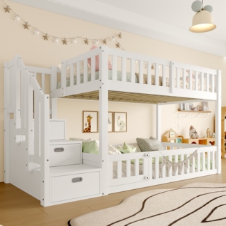 Merax Etagenbett Kinderbett 90X200cm, Jugendbett Einzelbett Leiter mit Stauraum, Weiß