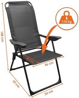Spetebo Hochlehner Metall Garten Klappstuhl grau mit 5-fach verstellbarer Rückenlehne (108 x 62 cm, 1 St), Campingstuhl mit Textil Gewebe bis 110 kg belastbar