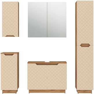 Badmöbel-Set Lotta Eiche/Kaschmir mit Kachelstruktur 5 Teile Vicco