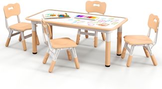 Kindertisch mit 4 Stühlen Set mit Graffiti-Tischplatte Höhenverstellbare Kindersitzgruppe Natur