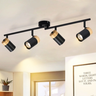 ZMH Deckenleuchte 4 Holzspots GU10 Schwarz 330° schwenkbar für Wohnzimmer Schlafzimmer Küche Kinderzimmer ohne Leuchtmittel
