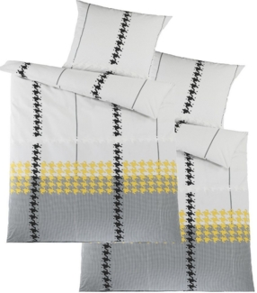 KH-Haushaltshandel Bettwäsche 4-tlg. Renforce Bettwäsche, 2x(135x200 + 80x80 cm), kariert, Renforcé, 4 teilig, dkl. grau hellgrau weiß gelb schwarz, 100% Baumwolle, Renforcé