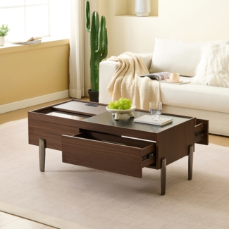 Couchtisch mit Schubladen und Stauraum, Holzdekor Dunkelbraun, Glasplatte, Schiebeabdeckung, Wohnzimmertisch Metallbeine