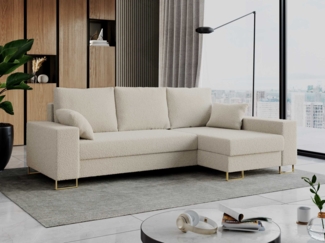 Ecksofa mit Schlaffunktion L-Form mit Bettkasten - DORIAN-Non - Beige Boucle