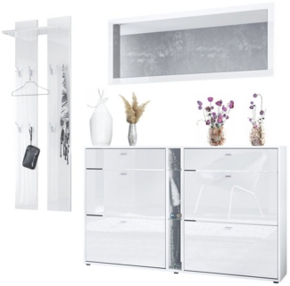 Vladon Garderoben-Set Orlando, (Garderoben-Set, mit Schuhschrank, Wandpaneel und Wandspiegel), Weiß matt/Weiß Hochglanz