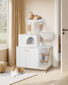 Kratzbaum mit Katzenklo-Schrank, Katzenschrank, 4-in-1 Modernes Katzenhaus mit Gro?er Plattform, Katzenhaus mit Sisal-Kratzmatte, Pfosten, Treppe und Pompom, Waschbare Kissen, Wei?