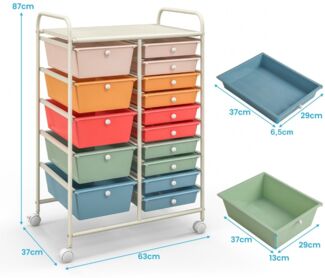 Rollwagen mit 15 stapelbaren Schubladen Rollcontainer Beistellwagen mit Metallgestell Mehrfarbig 63 x 37 x 87 cm
