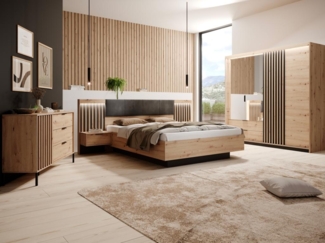 Vente-unique - Bett mit Bettkasten - mit Nachttischen & LED-Beleuchtung - 160 x 200 cm - Holzfarben & Schwarz - ARIADA