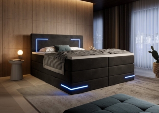 wonello Boxspringbett Detroit 2.0, Samt Bett mit LED Beleuchtung, Bettkasten und Topper