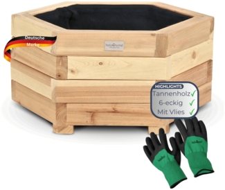 Pflanzkasten Holz 6-eckig MICHA - Inkl. Vlies und Handschuhe | Pflanzkübel Tannenholz Blumenkasten Blumenkübel Blumentopf Terrasse, 46cm Breit