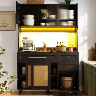 KLAM HOME Küchenbuffet Hochschrank Esszimmerschrank, Vitrinenschrank mit 3 Schubladen (Buffetschrank mit Verstellbaren Ablagen, Sideboard mit LED-Beleuchtung) Küchenschrank mit variable Lichtfarben, PE-rattan, schwarz