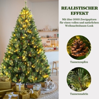 Sinaopus Künstlicher Weihnachtsbaum mit LED Beleuchtung, Weihnachtsbaum aus PVC und PE, mit Holzständer, 180cm Weihnachtsbaum, Tannenbaum künstlich, mit Lichterkette und Handschuhe, mit echten Tannenzapfen, Werkzeugloser Aufbau, Festlicher Baum für dri...