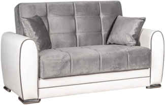 Dmora Schlafsofa mit Halbinsel Aloe, Wende-Sofa mit Stauraum aus Öko-Leder und Stoff, Click-Clack-Sofa zum Öffnen, 163 x 84 x 91 cm, Weiß und Grau