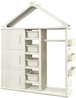 Kinderregal in Hausform mit Kleiderstange Kinder Bücherregal Spielzeugregal mit Regalen Weiß