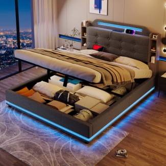 Merax Polsterbett, Doppelbett 140*200cm , Mit LED-Lichtleiste, hydraulischer Stauraum, mehrere Ablagefächer, ohne Matratze, USB + TYPE-C, Leinen, Grau