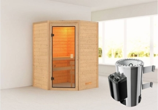 Karibu Ecksauna Antonia + 3,6kW Plug&Play Ofen integrierte Steuerung