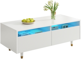 Couchtisch, Modern, LED, Gewellte Schubladenplatte, Gold-weiße Beine, Zwei Schubladen, LED-Lichtstreifen mit Farbwechsel, Passender TV-Schrank verfügbar
