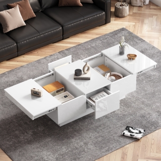 Merax Hochglanz-Couchtisch, mit Schiebefunktion, 2 versteckte Fächer, 2 Schubladen - elegantes Design für Ihr Wohnzimmer, Weiß
