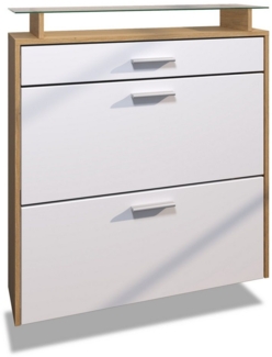 Vladon Schuhschrank Malea (hängender Schuhkipper für 16 Paar Schuhe, mit 1 Schublade und Glasablage) Schuhregal in Eiche Skandi / Weiß matt (89 x 95,5 x 23 cm)