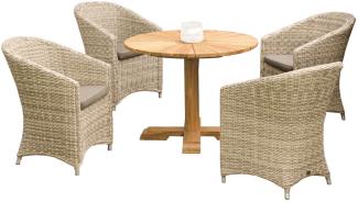 Sonnenpartner 5-teilige Sitzgruppe Solana & Solis Ø 100 cm Polyrattan white-coral Teakholz Gartenstu