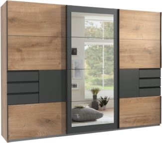 Schwebetürenschrank Kleiderschrank 270 cm 3-türig Schubladen Spiegel Eichendekor Grafit