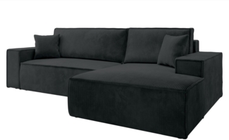 Selsey 'Farese New' Ecksofa mit Schlaffunktion, Cord-Bezug in Schwarz, rechtsseitig, 85 x 267 x 167 cm