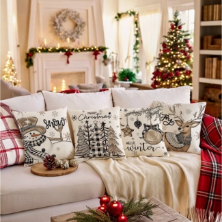 Jibenhome Kissenbezüge Weihnachten Kissenbezug 45x45cm,Leinen,4 Stück,für Dekokissen Deko, (4 Stück), Quadratisch Zierkissenbezug für Weihnachten Bett Sofa Esszimmer Deko