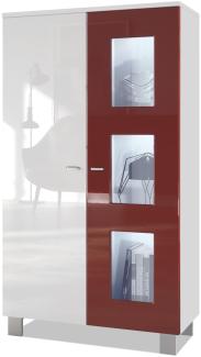 Vladon Vitrine Denjo, Standvitrine mit 2 Türen und 3 Glaseinsätzen, Weiß matt/ Weiß Hochglanz und Bordeaux Hochglanz inkl. LED-Beleuchtung (71 x 129 x 35 cm)