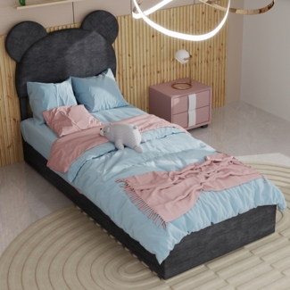 Bett 90×200cm mit gepolstertem Cartoon-Kopfteil und Gaslift-Stauraum,Grau,Stoff/Metall