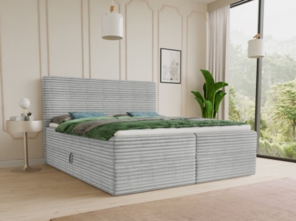 Boxspringbett Mollo mit 2 Bettkästen, Doppelbett mit Bonell-Matratze und Topper, Polsterbett in weichem Cordstoff, Bett, Bettgestell für Schlafzimmer (Grau (Tilia 86), 160 x 200 cm)