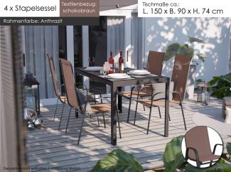 Gartenmöbel Set 4x Stapelsessel Alu Tisch 5-tlg. Essgruppe Gartenset Sitzgruppe schokobraun