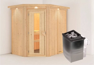 Karibu Sauna Carin mit Dachkranz + 9kW Saunaofen mit integrierter Steuerung Bronzierte Ganzglastür