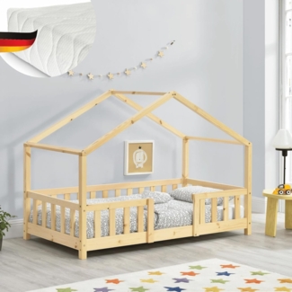 DELUKE® Kinderbett 70x140 cm MILA - mit Matratze Lattenrost Rausfallschutz Hausbett Kinder Haus Bett Kinderzimmer Bodenbett Einzelbett Kinder Bett Klein Kinderbett Montessori Bett Braun