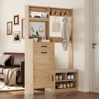 Flieks Garderoben-Set mit Schuhschrank, Sitzbank, 4 Haken, Pegboard, Klappen & Schubladen, (B108,5xT35xH180 cm, 1-St, Holzoptik), Garderobenständer mit Schuhregal, Sitzkissen und Kleiderstange