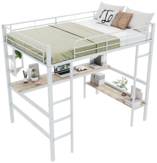 HAUSS SPOLE Hochbett 140x200 cm Eisenbett mit Schreibtisch, 4 Regalen, Bücherregal Weiß (Regalen und Bücherregal für Kinder, Jugendliche und Erwachsene, 140x200 cm) ohne Matratze