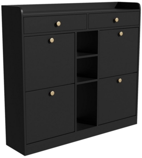 HAUSS SPOLE Schuhschrank mit 4 Klapptüren, 2 Schubladen, 3 offenen Fächern für Flure schwarz (Schuhbank, Schuhregal, Schuhkommode, 1-St, mit 4 Klapptüren, 2 Schubladen, 3 offenen Fächern) 110 x 26 x 100 cm