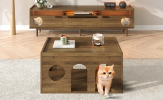 TV-Schrank & Couchtisch Set mit LED & Katzenhöhlen, Nussbaum, 180x40x50 cm + 80x50x40 cm