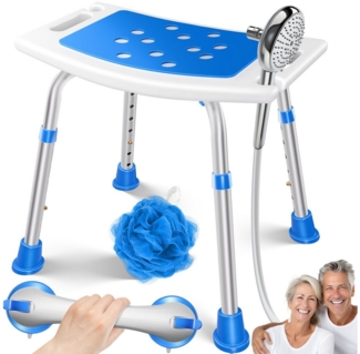 KESSER® Duschhocker höhenverstellbar | Leichter Badhocker rutschfeste Gummifüße Duschstuhl 136KG belastbar | Duschhilfe Senioren | Saugnapf Haltegriff Badewannengriff | Duschsitz mit Brausehalterung Weiß / Blau