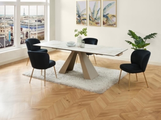 Vente-unique - Esstisch ausziehbar - 6 bis 10 Personen - Keramik & Metall - Marmor-Optik Weiß & Beige - LOZIPA von Pascal MORABITO