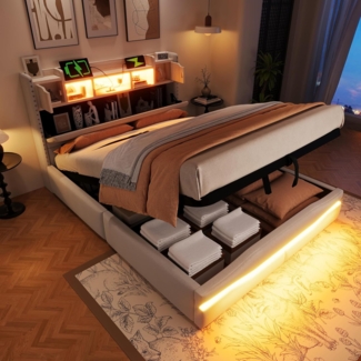 Polsterbett mit LED-Beleuchtung und Stauraum, 140x200 cm, USB/Type-C Anschlüsse, gepolsterter Kopfteil, Doppelbett, Stauraumbett, Leinen