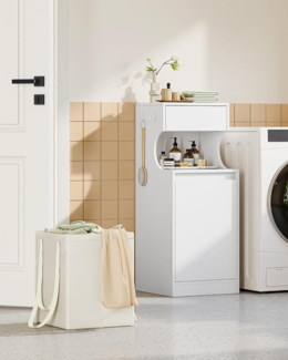 Wäscheschrank mit 1 Schublade und offenem Stauraum, Badezimmerschrank Wäschekorb, Wäschesammler Badschrank, Wäschesack Innentasche mit Griffen, 40 x 40 x 100 cm Weiß