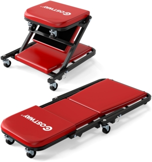 2 in 1 Rollbrett Werkstatt Montagerollbrett mit 6 Rollen & Gepolstertem Sitz bis 150 kg Belastbar Rot