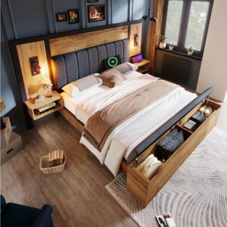 REDOM Massivholzbett mit Bettgestell Lattenrost (Struraumbett, Doppelbett, Funktionsbett, 1-tlg, 180×200cm, mit Matratze), mit Leselampe und USB/Type-C Nachttisch und Sitzbank mit Stauraum