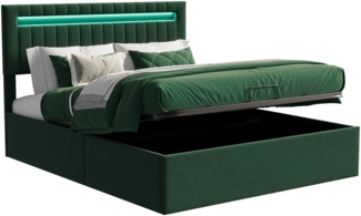 Bett 160x200 cm aus grnem Leder mit vertikalem Muster, Gasdruck, LED-Beleuchtung