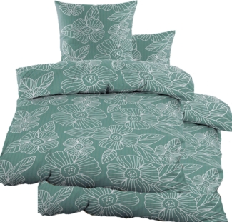 KH-Haushaltshandel Bettwäsche 4-tlg. Seersucker Bettwäsche 2x (135x200 +80x80cm), Blüten, Seersucker, 4 teilig, grün, mit weißem Blütenmuster, bügelfrei