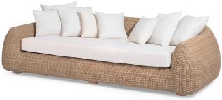 Casa Padrino Luxus Gartensofa Naturfarben / Weiß 256x124 x H. 72 cm - Handgewebtes wetterbeständiges Sofa mit Kissen - Moderne Garten Möbel - Hotel Möbel