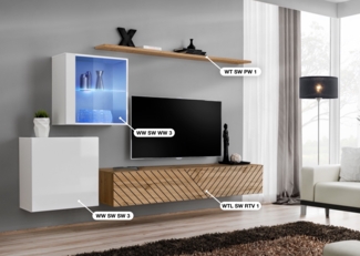Wohnwand Switch Lamel, Korpus: Weiß, Wotan / Front: Weiß hochglanz PVC, Wotan PVC (gerillt)